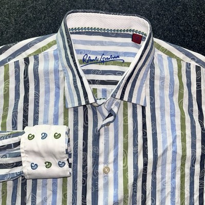 Robert Graham Blue GreenStriped Paisley Long Sleeve Button Up Shirt Boys L 14/16