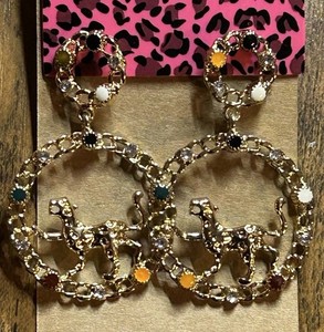 Authentic Betsey Johnson Rhinestone Jungle Cat Gold Plated Stud Dangle Earrings