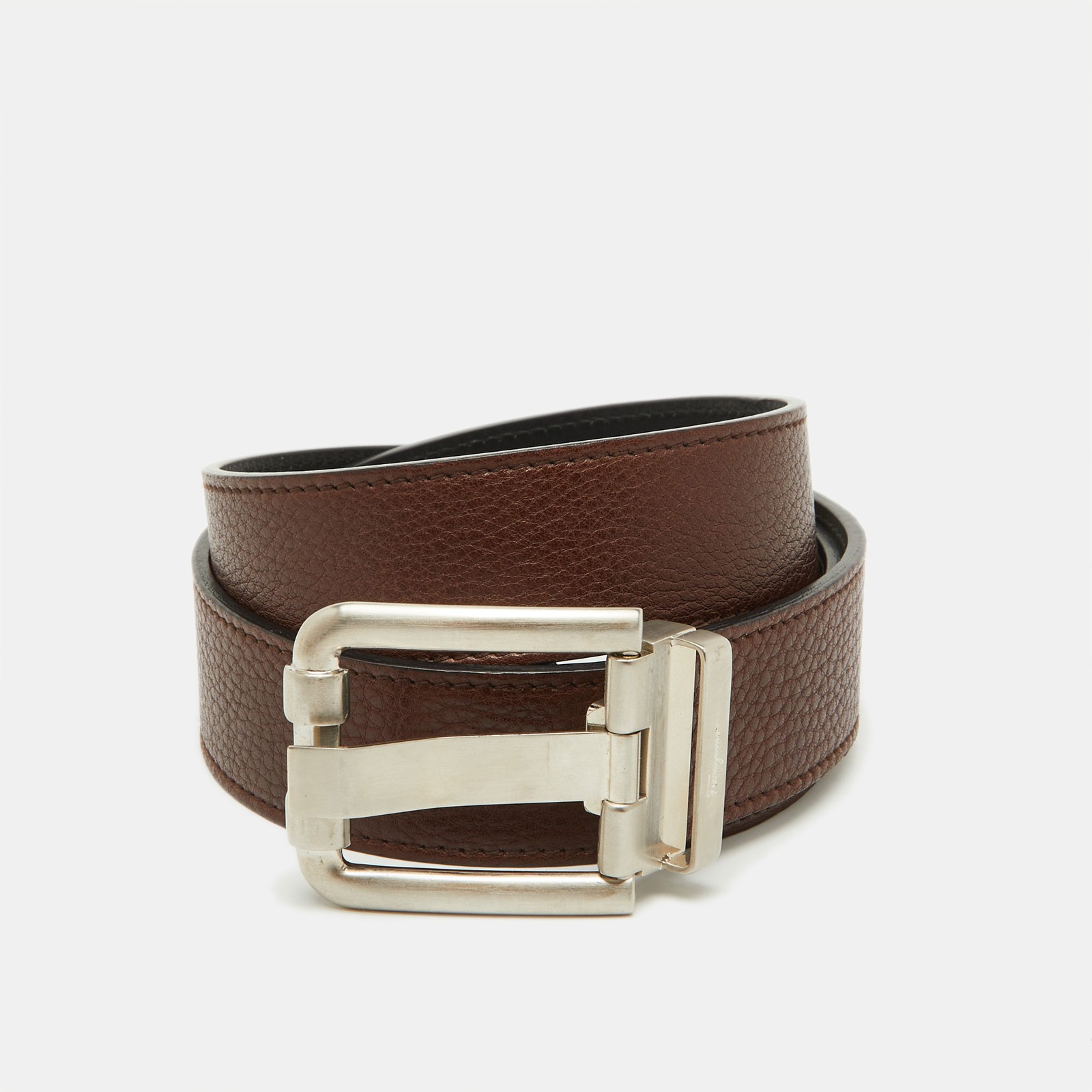 Salvatore Ferragamo Adjustable Dark Brown Black Leather Buckle Belt  