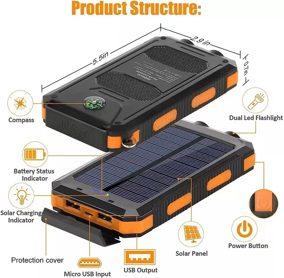 20000mAh Solar Power Bank 2USB Fast Charging Portable External Battery LED Light - Image 3 of 4