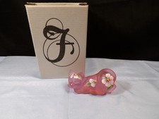 Fenton Pink Satin Hand Painted Cat w/ White Floral Design w/ Box