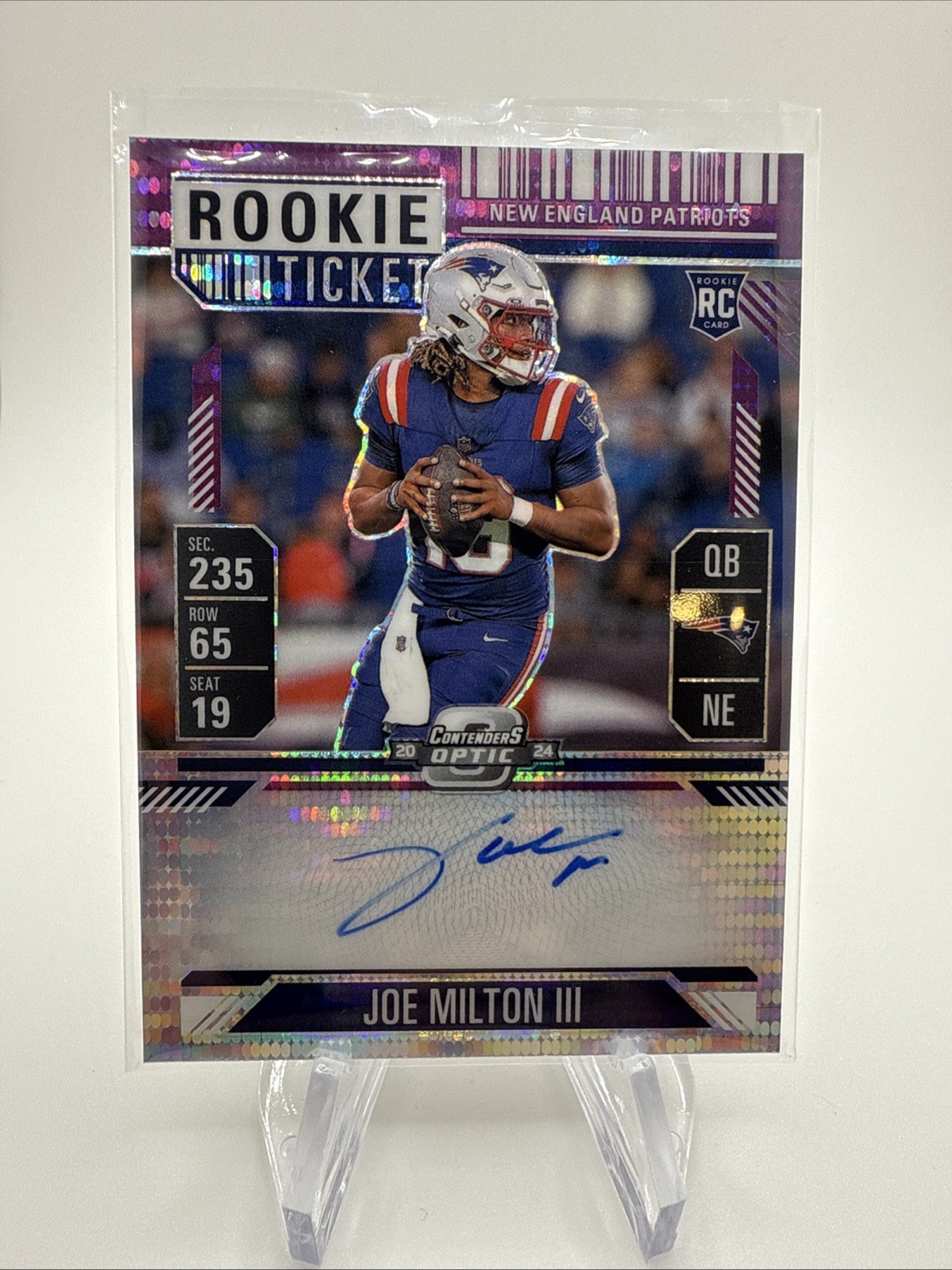 2024 Contenders Optic Rookie Ticket FOTL Joe Milton Auto /27 Purple Pulsar