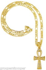 Ankh New Egyptian Pendant Necklace with Rhinestones on 24 Inch Long Figaro Chain