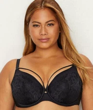 Curvy Couture Tulip Strappy Push Up Bra Black Noir 1267 US Szs C thru H NWT