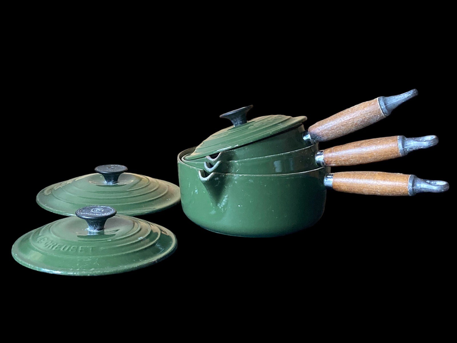 Vintage Le Creuset Set of 3 Green Saucepans 16, 18, 20