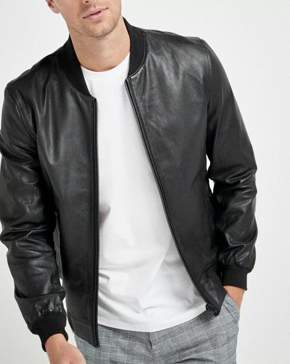 New Men Black Leather Jacket Flight Bomber Pure Lambskin Slim fit Jacket NFS 742