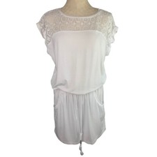 Medium Talbots White Lace Yoke Jersey Knit Pocket Dress