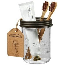 Glass Mason Jar Toothbrush Holder with Stainless Steel Lid Rustic Bathroom Decor