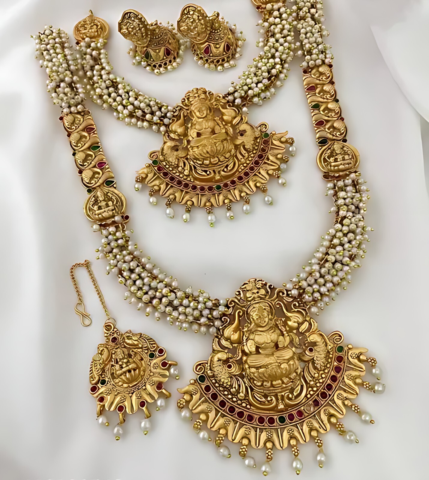 Indian Bollywood Matt Finish Gold Plated Long Necklace Laxmi Temple Jewelry Set-image