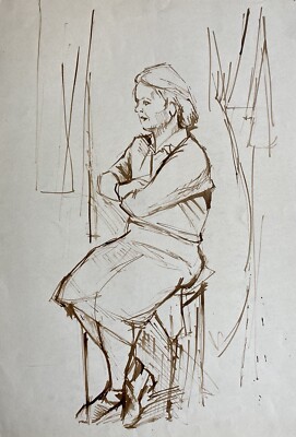 Person Frau mit Rock im Sitzen Atelier Studie 40er Jahre Anonym Federzeichnung