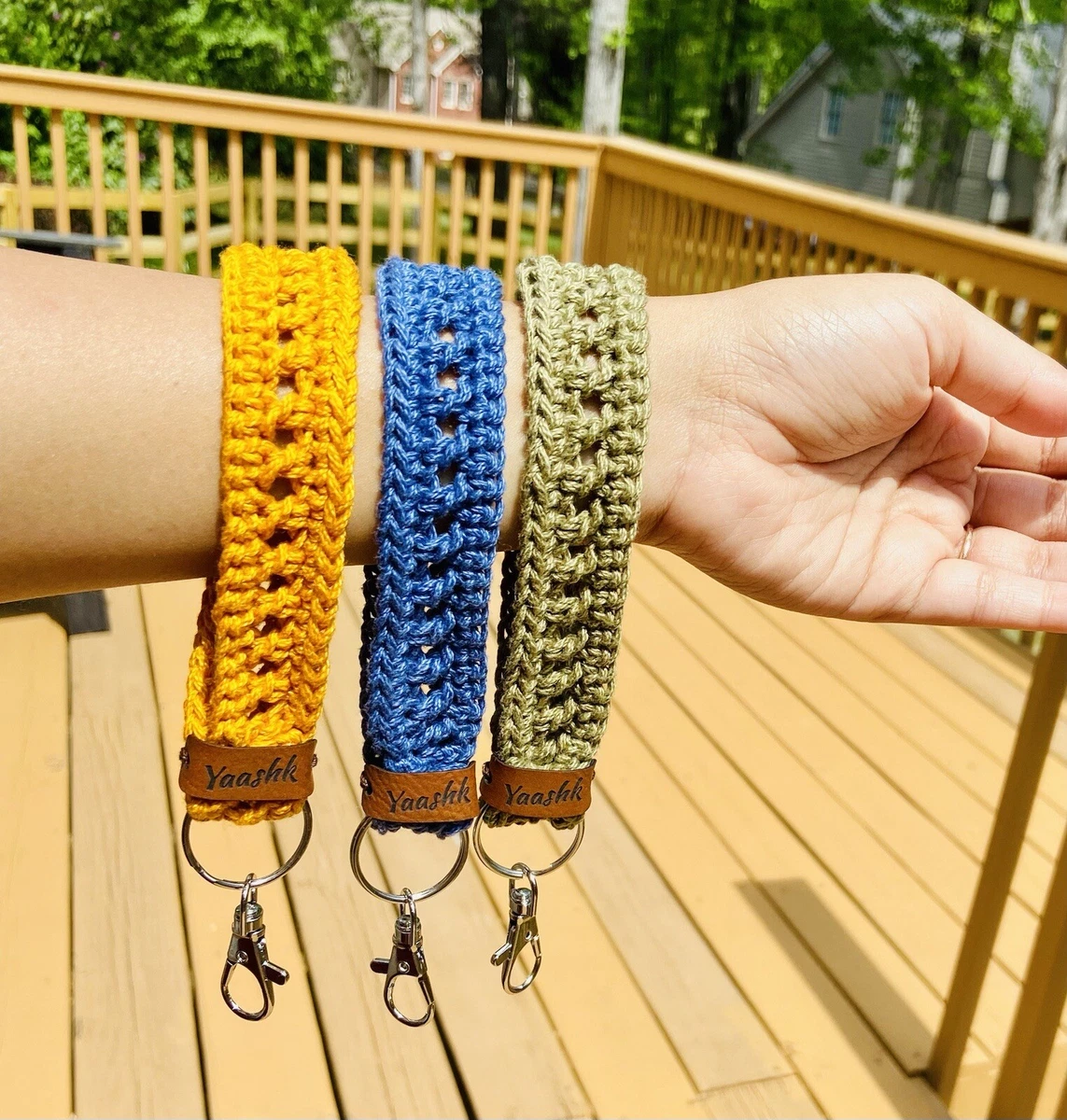 Handmade Crochet wristlet lanyard keychain Olive Green 8.5