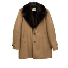 Lakeland Mens Dress Coat Tan Brown Faux Fur Lined Collar Wool Hip Length 42