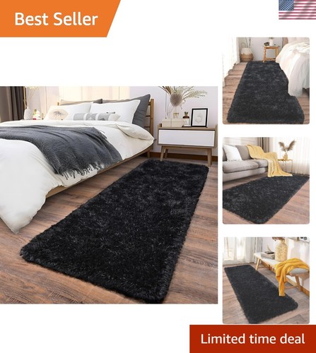 Chic Black 2x6 High Pile Runner Carpet - Perfect for Bedsides and Living Areas