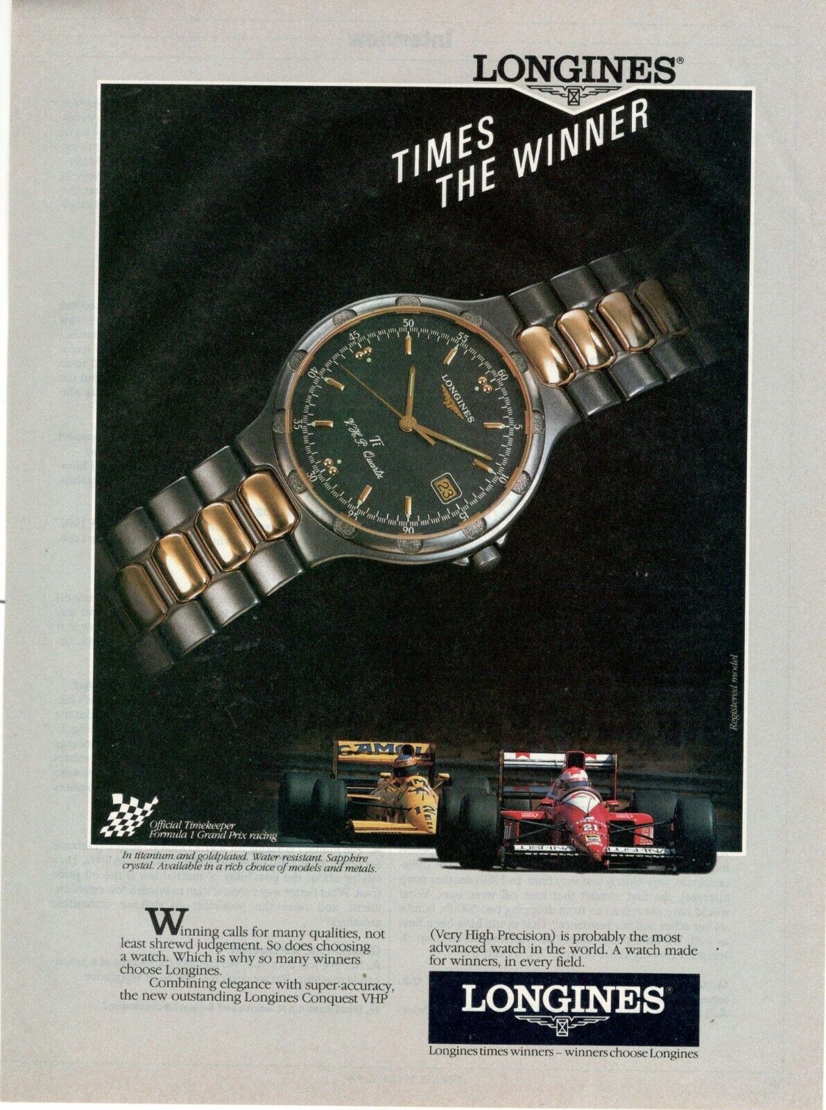 1990 Advertising Vintage Watch Longines Ti Conquest Vhp Formula 1 Grand Prix