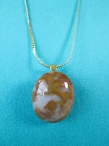 Authentic Light Brown & Clear Agate Pendant Necklace w/19" Gold Plated Herringbone Chain