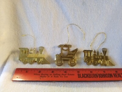 3 Vintage 3D Die-cut Gold Tone Metal Ornaments - Trains, Old Car