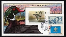 USA, SCOTT # LA3, HANDPAINTED MILFORD FDC COVER 1991 LOUISIANA DUCK WATERFOWL