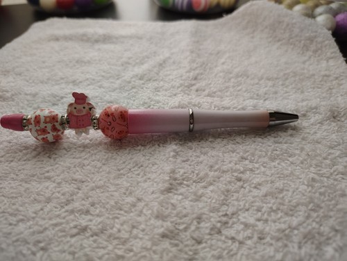 Handmade Ballpoint Pen Pink with Decorative Beads, Black Ink