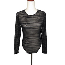 Cosabella Powerhouse Long Sleeve Velvet Flocked Mesh Bodysuit Black Sz Medium