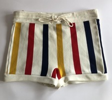 VTG 60'S STRIPE BLUE RED YELLOW SQUARE SWIM TRUNKS SHORTS STRETCH KNIT MENS XS/S
