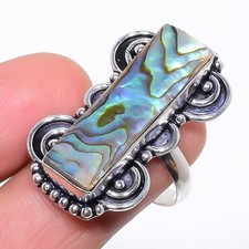 Natural Abalone Shell Gemstone 925 Sterling Silver Ring Size 8.5 i696
