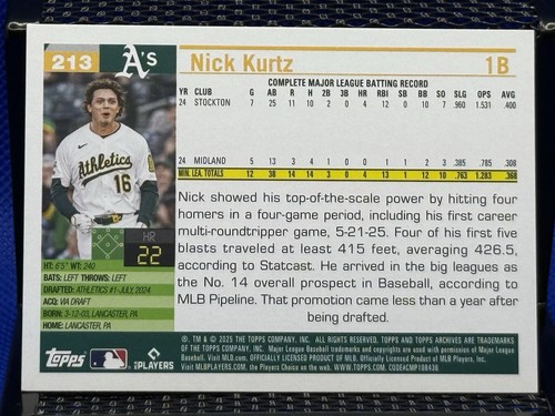 2025 Topps Archive NICK KURTZ Athletics Rookie Card RC Base 213 - Picture 2 of 2