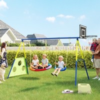 4-in-1 Kids Swing Set with Saucer Swing, Basketball Hoop and Football Goal