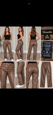 Shinestar Womens M Brown Faux Leather Pants Straight Leg Vegan Leather Y2K