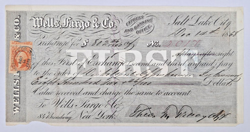 1868 WELLS FARGO 1ST Exchange Check Salt Lake City Utah Western Americana, Large