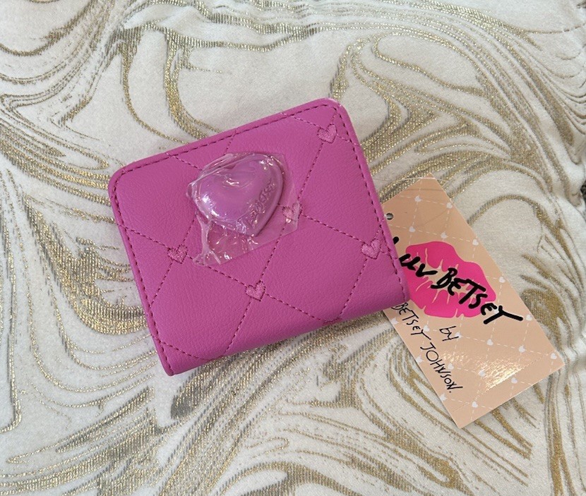 New! Betsey Johnson French Snap Wallet Hearts Pink Stitching Love Luv