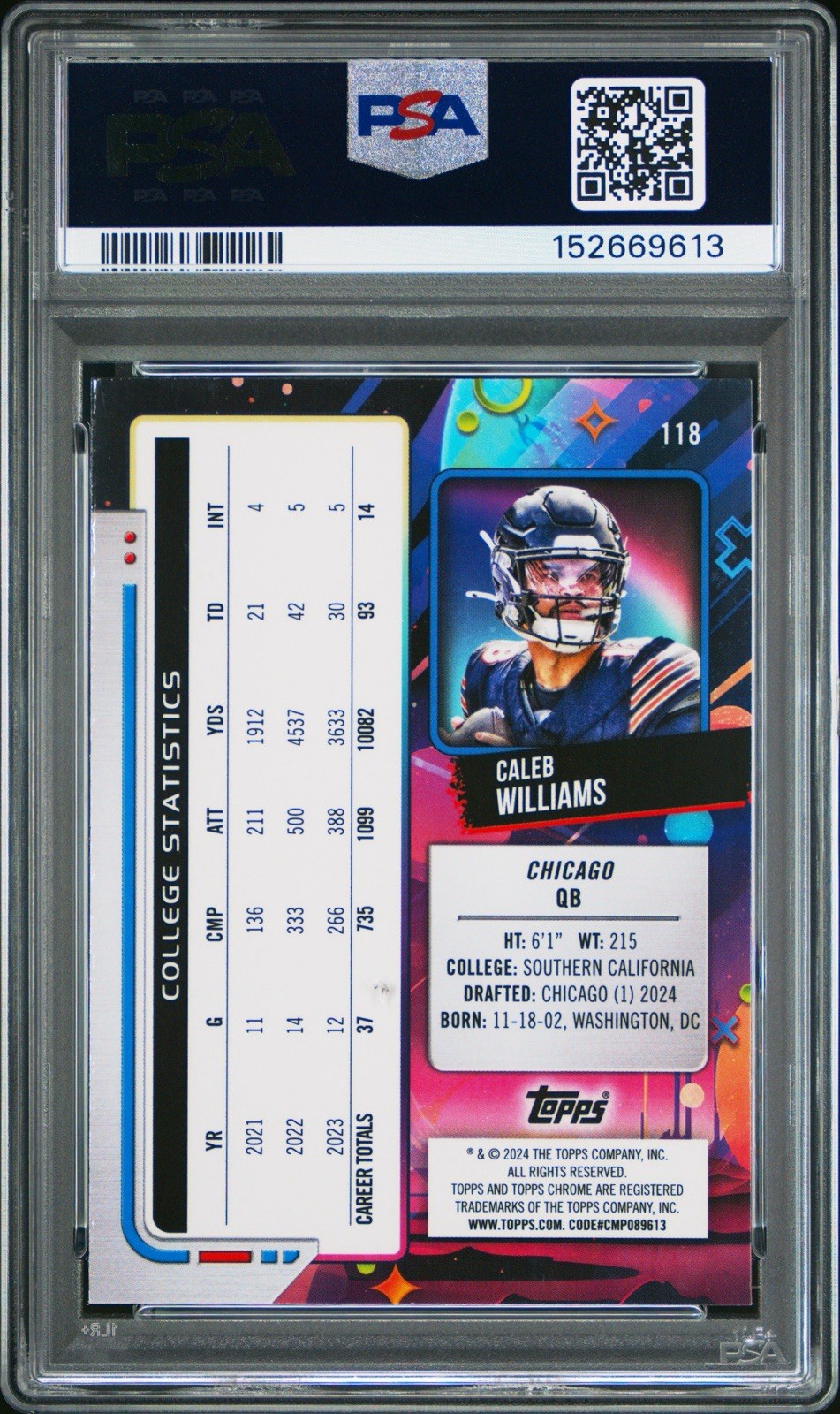 2024 Topps Cosmic Chrome Caleb Williams Purple Nebula /150 PSA 9 RC Chicago Bear view 2