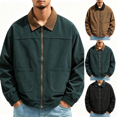 Chaqueta de pana con cremallera completa para hombre Ropa de calle Ropa exterior informal Manga larga Solapa
