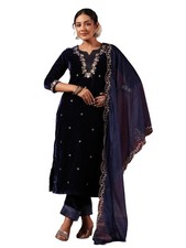 ishin Women's Velvet Embroidered Navy Blue Straight Kurta Suit Set with Trous...