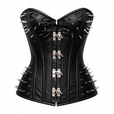 Spiked Black Genuine Leather Corset Steel Boned Gothic Overbust Bustier