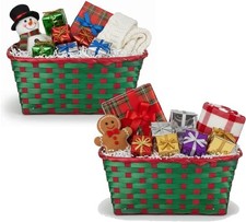 2x Bamboo Christmas Gift Baskets Red Green Woven Hamper Holiday Decor Storage