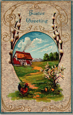 Easter Greetings Country Scene Barn Chickens Pussy Willow 1900s Postcard