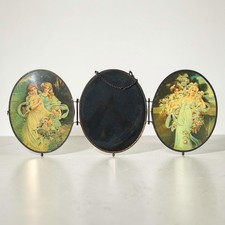 Antique Oval Three Panel Fold Victorian Brass Mirror W Ethereal Beauty Pics 30