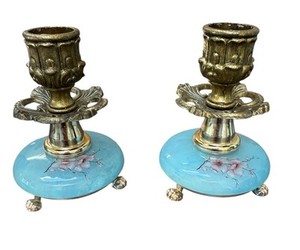 Vintage Set 2 Blue Alabaster Pink Flower Footed Brass Candlesticks Antique
