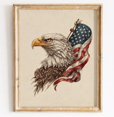 Patriotic Eagle with American Flag Illustration, Vintage Americana Wall Art