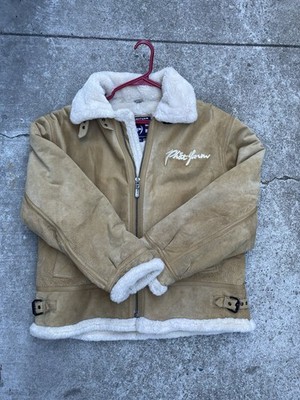 Vintage Y2K Phat Farm Suede Shearling Bomber Jacket Hoodless Flight Coat Tan XL