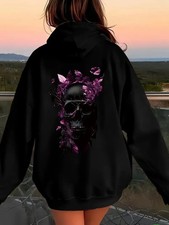 Women's Gothic Floral skull back print Hoodie-Full-Zip Hooded Sweatshirt, Black