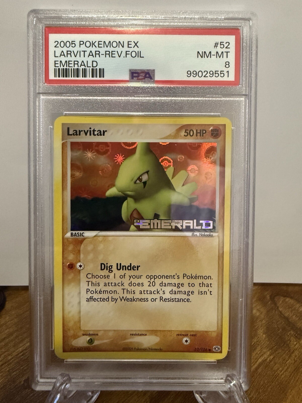 Pokemon Card Larvitar 52/106 Reverse Holo EX Emerald 2005 PSA 8 NM-MT