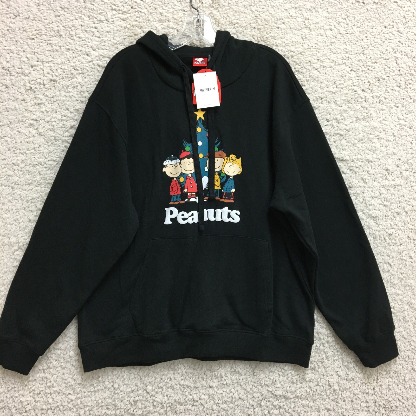 Forever 21 Black Peanuts Hoodie Large Mens Christmas Winter Sweatshirt