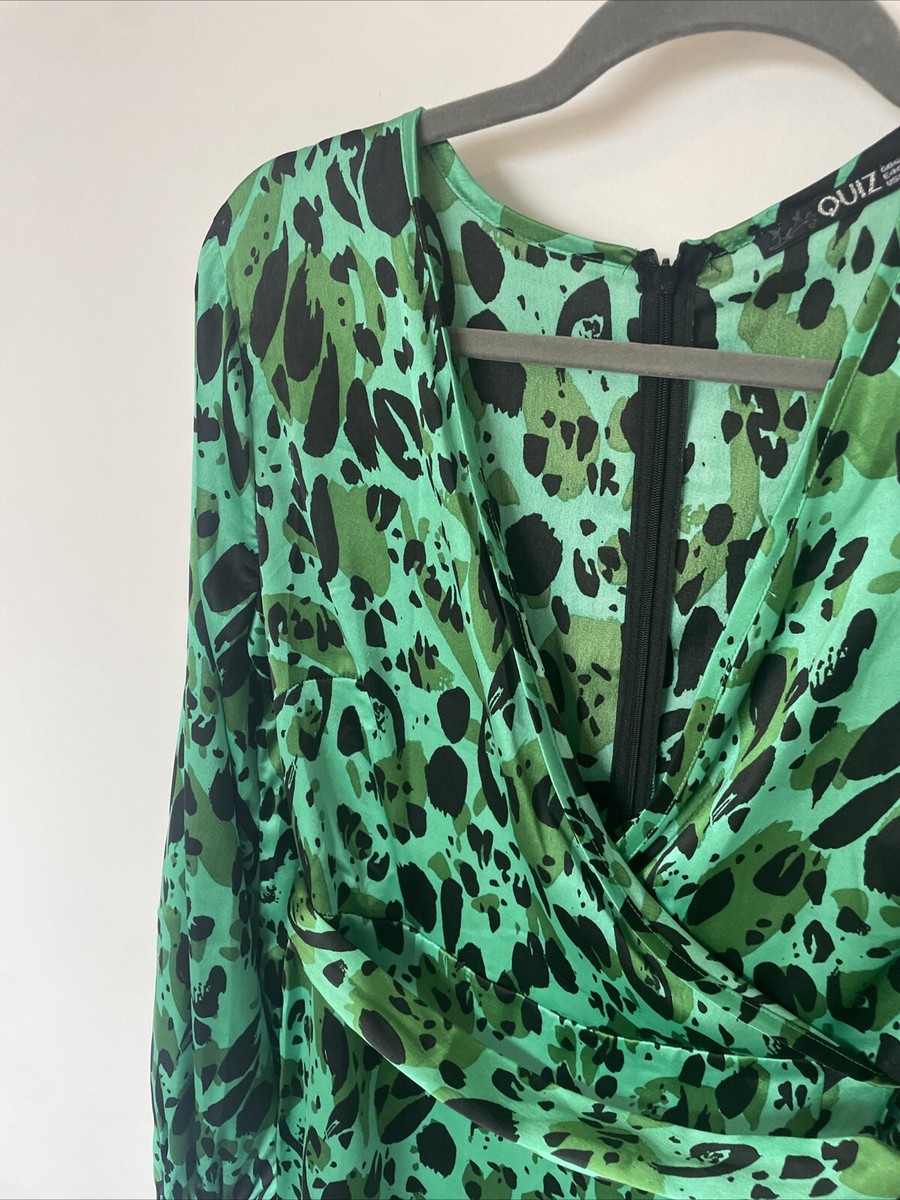 QUIZ Green Black Leopard Animal Print Satin Long Sleeve Dress, Size 12 |  eBay