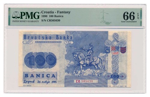 CROATIA banknote 100 Banica 1990 red CR serial PMG grade MS 66 Gem Uncirculated