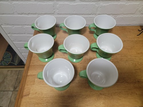VINTAGE HALL PEDESTAL COFFEE CUPS GREEN SET OF ( 8 ) EIGHT HEAVY DUTY RESTAURANT - Picture 3 of 10