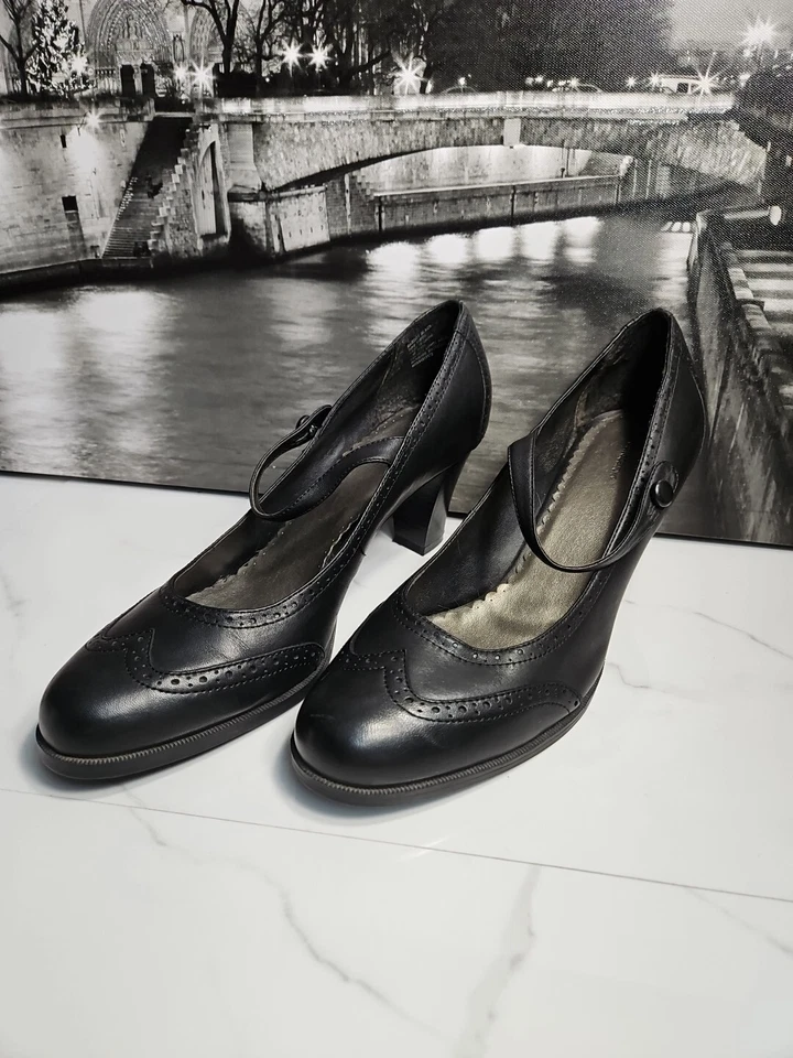 Croft Barrow Cuero Negro 3" Tacones Bomba Mary Jane Elástico Zapatos Sin Cordones 11M Foto 3 de 4