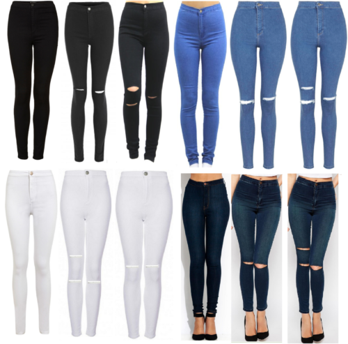 WOMENS HIGH WAISTED SKINNY JEANS RIPPED LADIES JEGGINGS KNEE 6 8 10 12 14 16 18 - Afbeelding 1 van 29