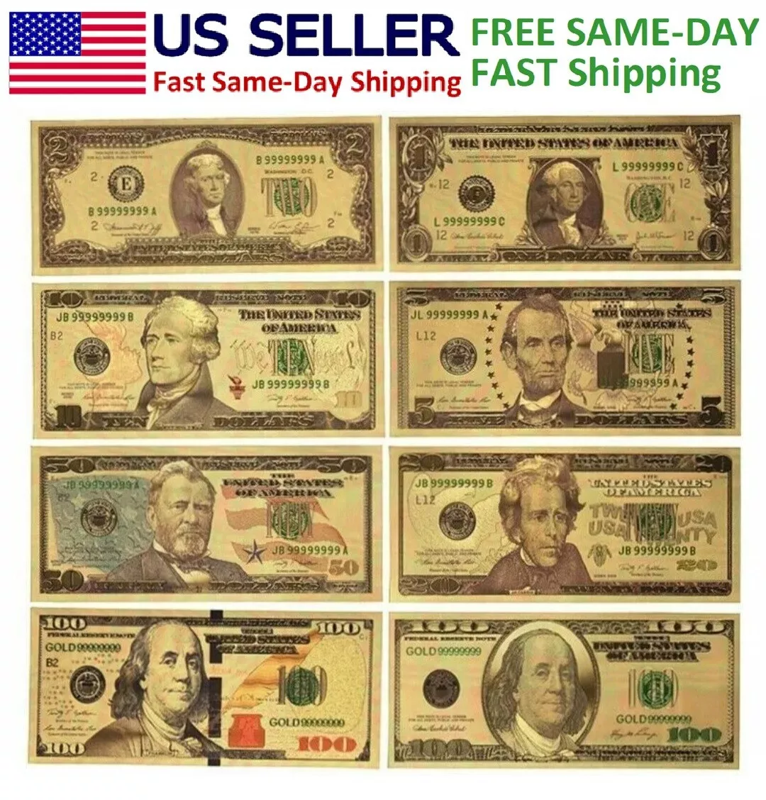 8PCS Gold Dollar Bill Full Set Gold Banknote Colorful USD 1/2/5/10/20/50/100