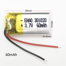 3.7v 60mAh Lipo Rechargeable Battery 301020 For Bluetooth Headset Video Pen GPS